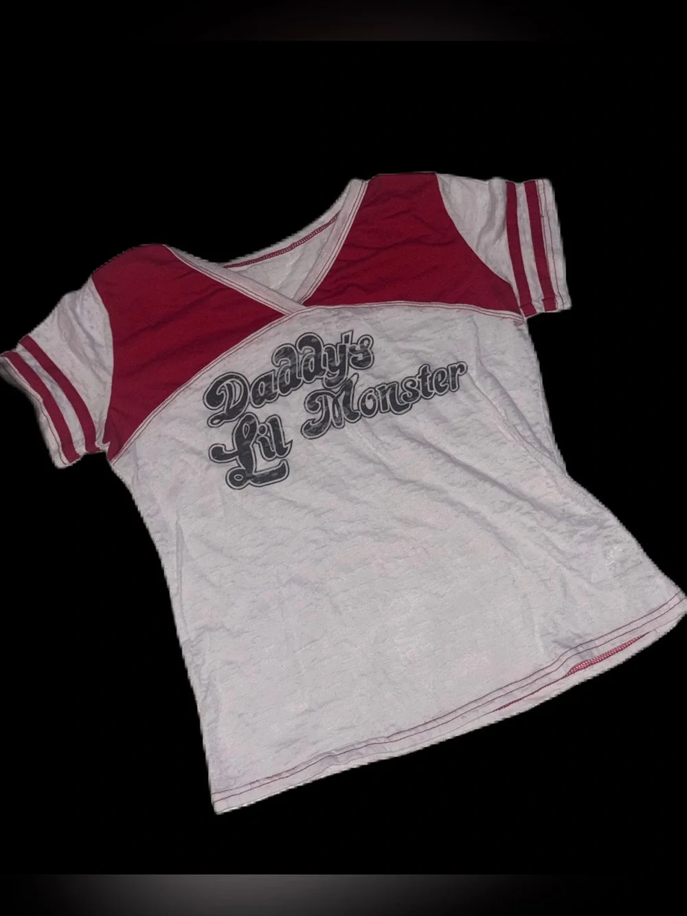 Daddy's Lil Monster Red & White V-Neck Tee Shirt Girls L